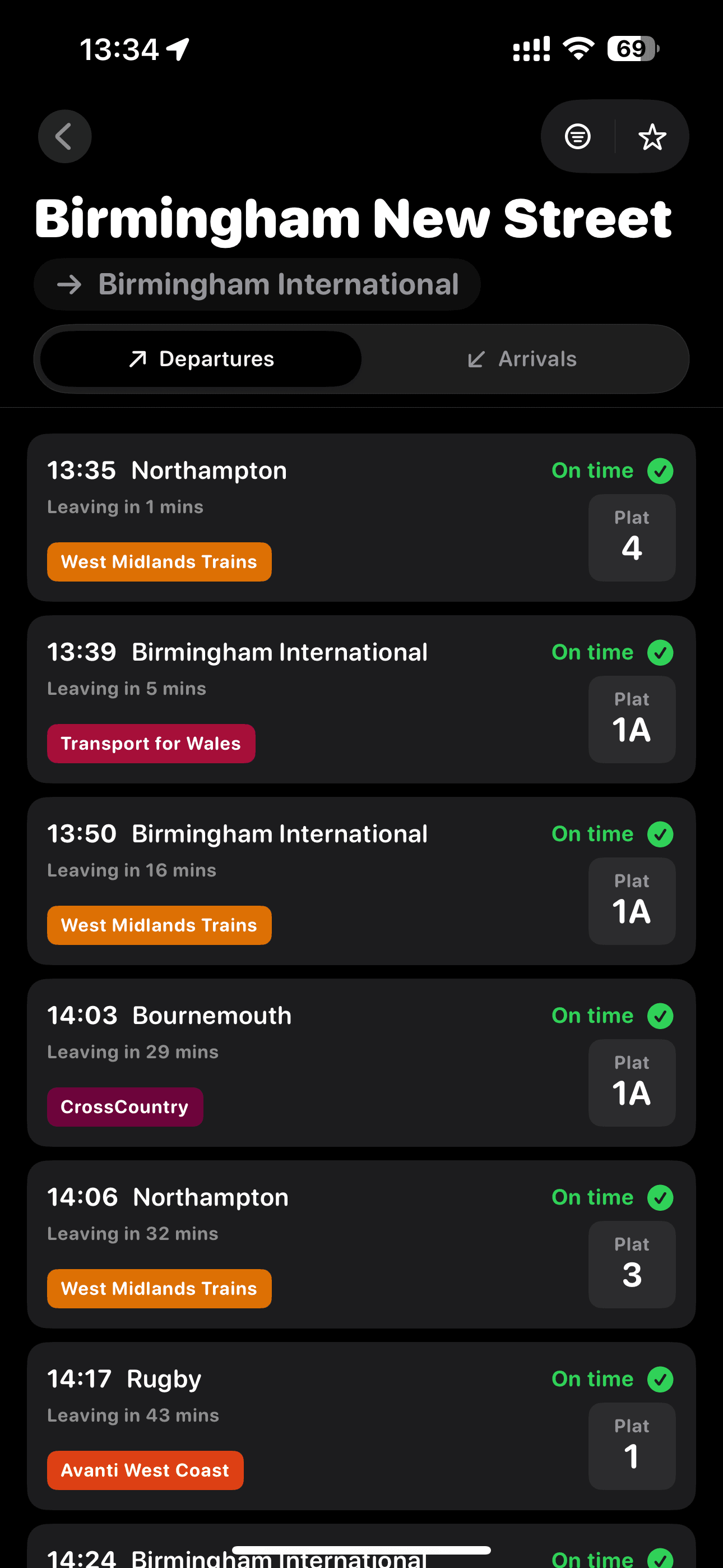 Railtime live departure board view